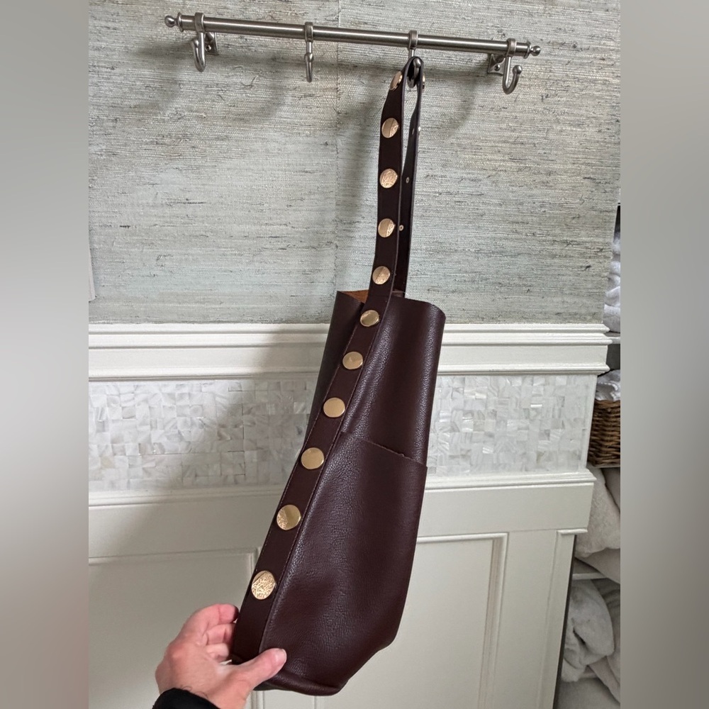 NWT new Anthropologie studded vegan leather north west tote bag + pouch brown - Picture 9 of 14
